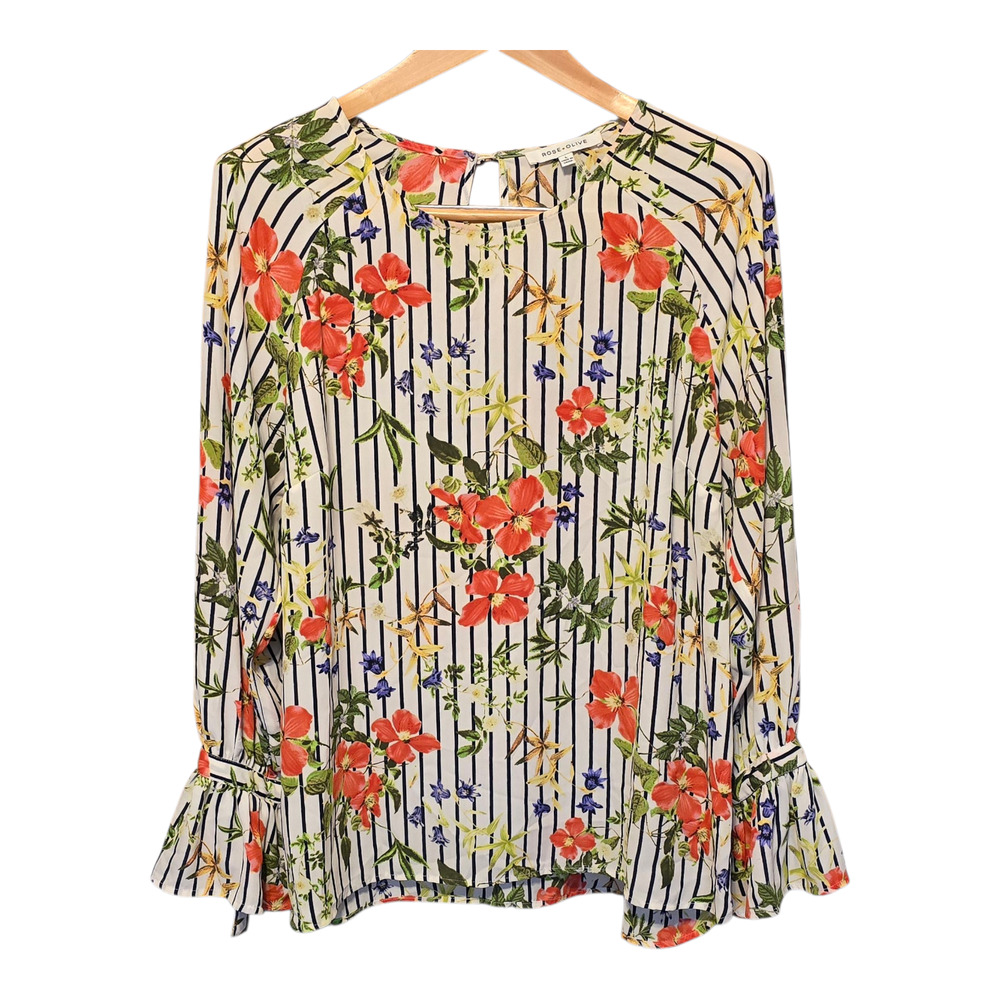 Rose + Olive Top Womens Large Multi Floral Striped Bell Sleeve Cottagecore Boho